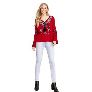 7Th Avenue New York & Company Red floral Embroidered Top Size M